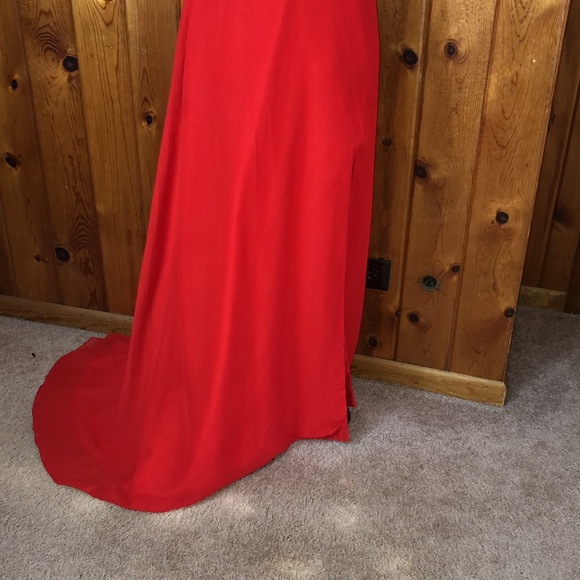A line red haltered keyhole beaded ruched chiffon prom dress with slit XS/2 - Picture 6 of 17